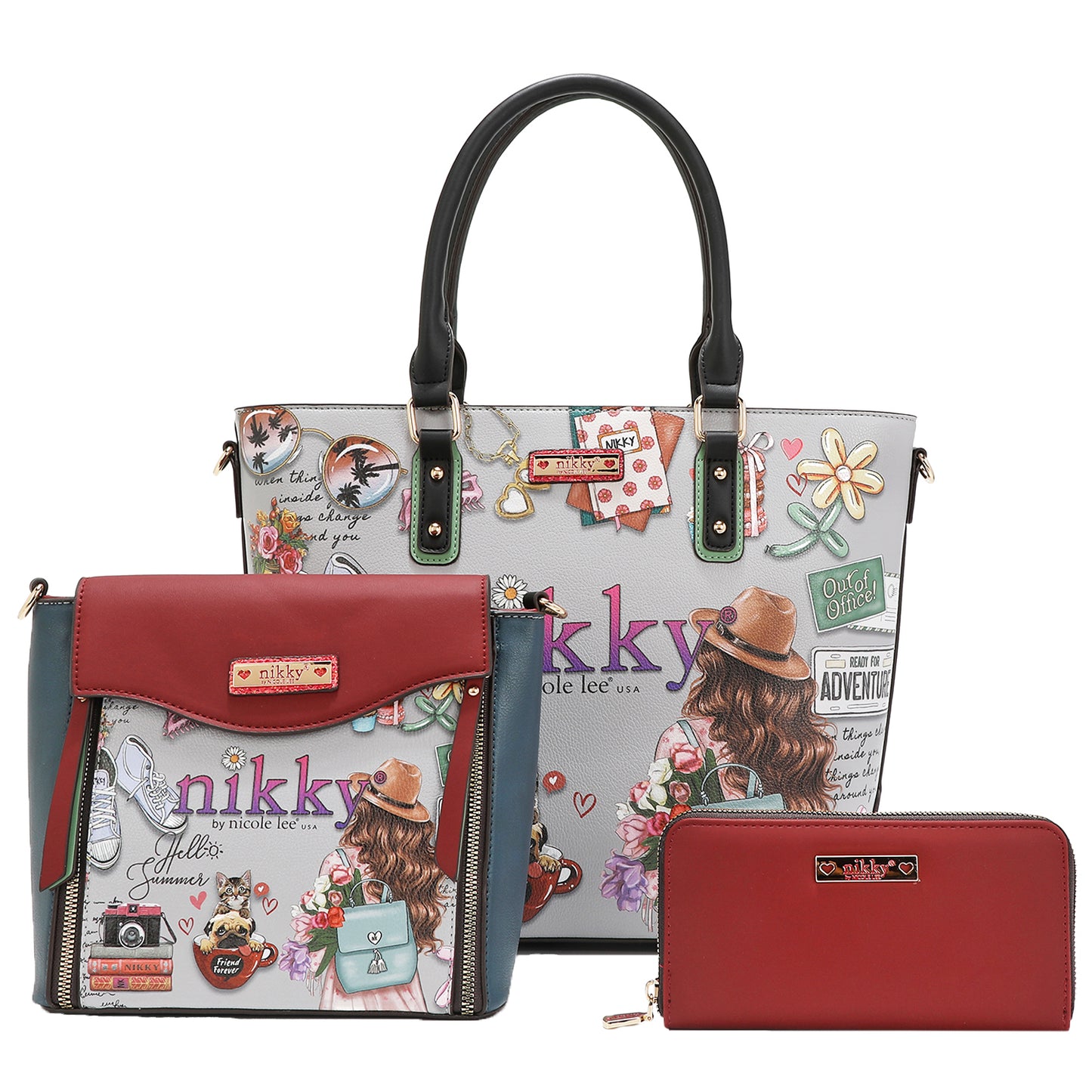 NICOLE LEE NIKKY WORLD 3PC SET (TOTE, CROSSBODY, WALLET)