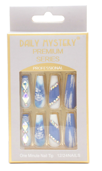 ROSE PATTERN RHINESTONE NAIL TIPS (Blue)