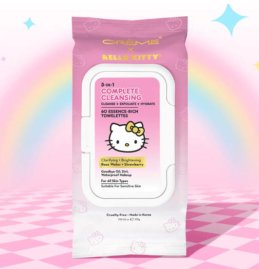 HELLO KITTY 3-IN-1 COMPLETE CLEANSING ESSENCE-RICH TOWELETTES - ROSE WATER + STRAWBERRY