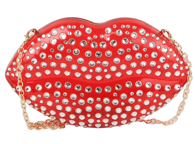 Rhinestone Lips Semi Transparent Clutch Crossbody Bag