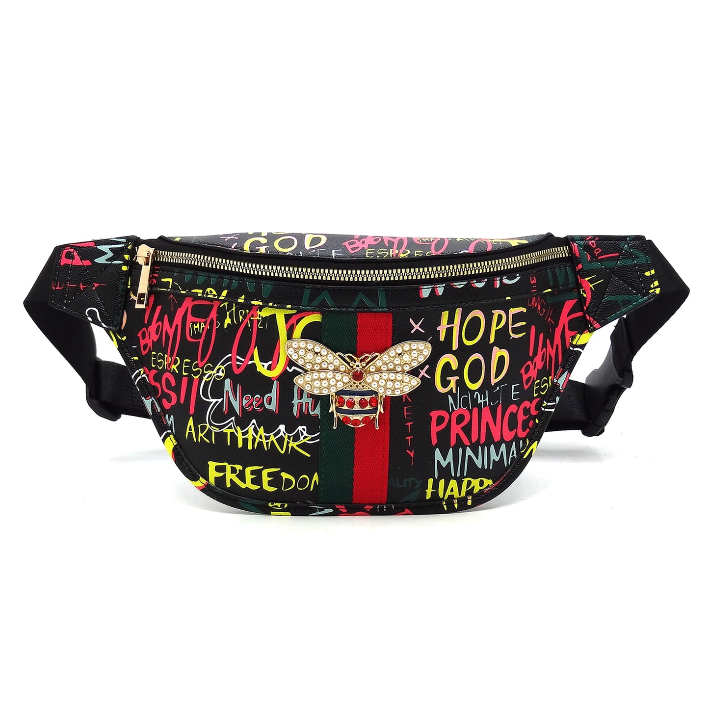 Multi Graffiti Queen Bee Stripe Fanny Pack Waist Bag