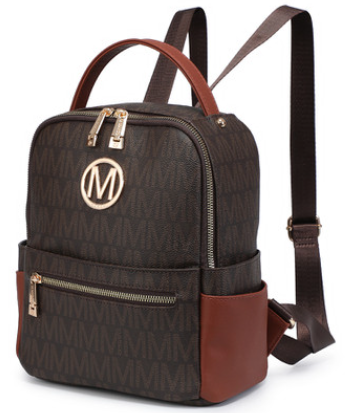 M Marco Collection Monogram/Signature Faux Leather Multi Purpose Backpack with decorative emblem/monochrome logo and Front zipped pocket