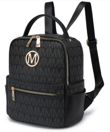 M Marco Collection Monogram/Signature Faux Leather Multi Purpose Backpack with decorative emblem/monochrome logo and Front zipped pocket