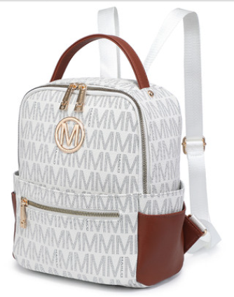 M Marco Collection Monogram/Signature Faux Leather Multi Purpose Backpack with decorative emblem/monochrome logo and Front zipped pocket