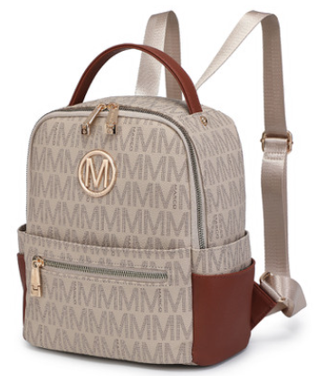 M Marco Collection Monogram/Signature Faux Leather Multi Purpose Backpack with decorative emblem/monochrome logo and Front zipped pocket