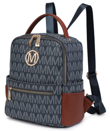 M Marco Collection Monogram/Signature Faux Leather Multi Purpose Backpack with decorative emblem/monochrome logo and Front zipped pocket