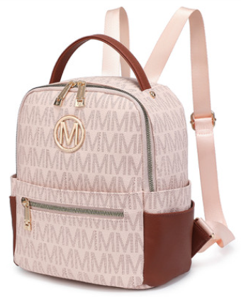 M Marco Collection Monogram/Signature Faux Leather Multi Purpose Backpack with decorative emblem/monochrome logo and Front zipped pocket