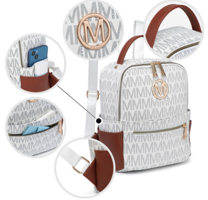 M Marco Collection Monogram/Signature Faux Leather Multi Purpose Backpack with decorative emblem/monochrome logo and Front zipped pocket