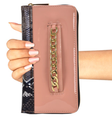 Gold-Tone Chain Faux Leather + Snakeskin Zip Around Wallet