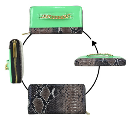 Gold-Tone Chain Faux Leather + Snakeskin Zip Around Wallet